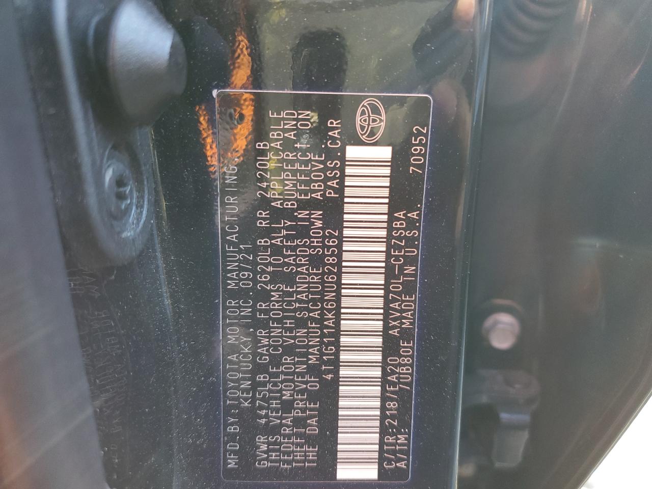 2022 Toyota Camry VIN 4T1G11AK6NU628562 Copart auction photo, front end damage thumbnail 12
