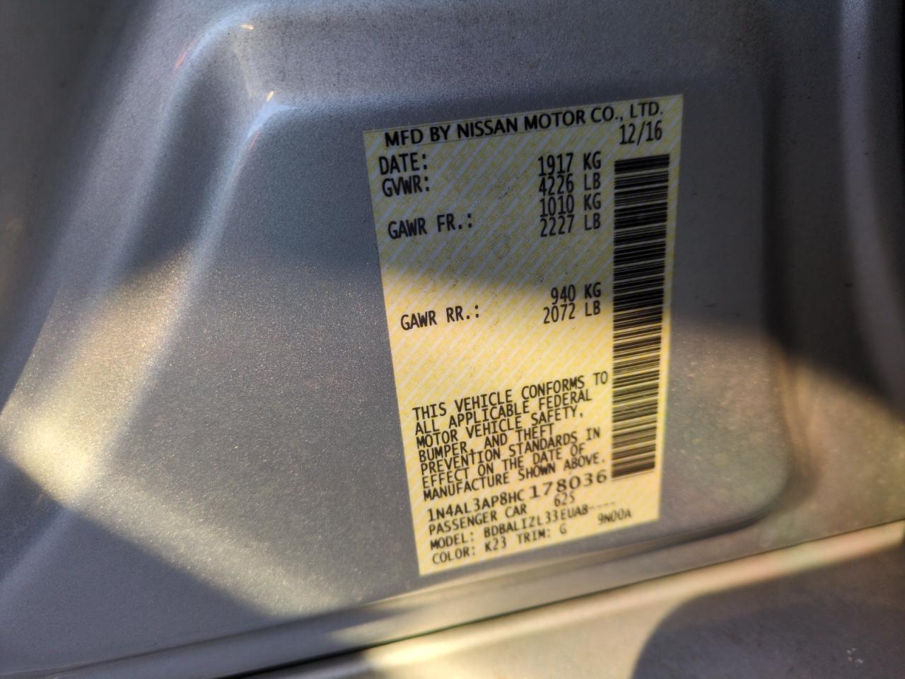 2017 Nissan Altima VIN 1N4AL3AP8HC178036 Copart auction photo, front end damage thumbnail 12