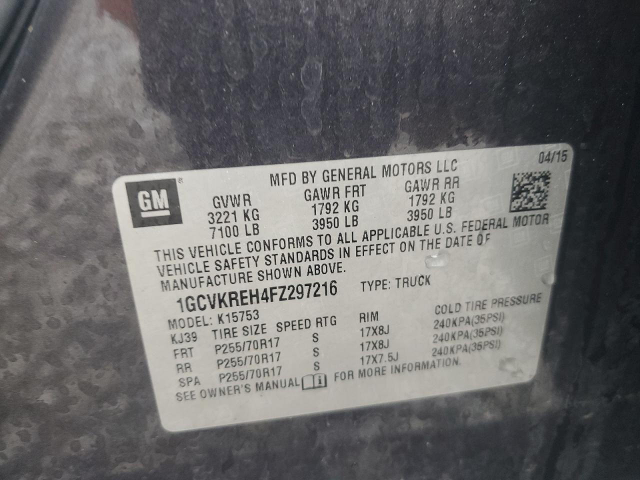 2015 Chevrolet Silverado VIN 1GCVKREH4FZ297216 Copart auction photo, front end / undercarriage damage thumbnail 15
