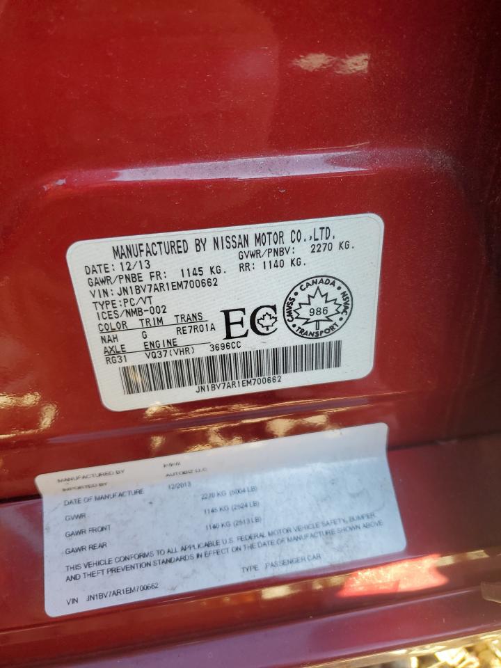 2014 Infiniti Q50 VIN JN1BV7AR1EM700662 Copart auction photo, front end damage thumbnail 14