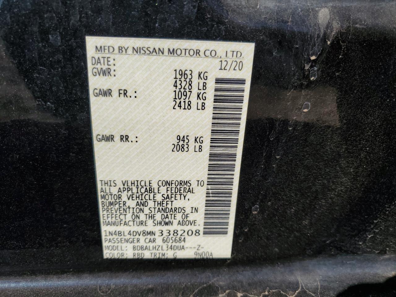2021 Nissan Altima VIN 1N4BL4DV8MN338208 Copart auction photo, side damage thumbnail 12