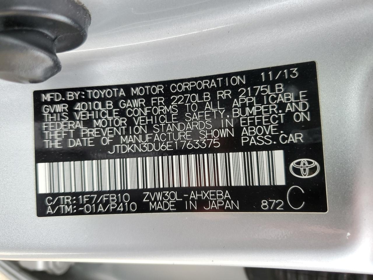 2014 Toyota Prius VIN JTDKN3DU6E1763375 Copart auction photo, all over damage thumbnail 12