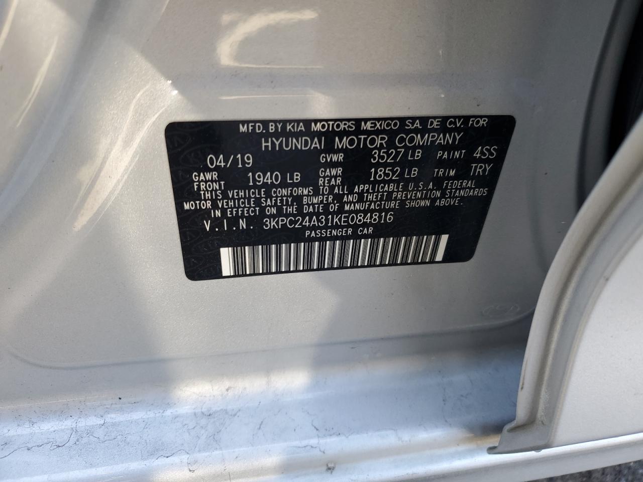 2019 Hyundai Accent VIN 3KPC24A31KE084816 Copart auction photo, mechanical / front end damage thumbnail 12