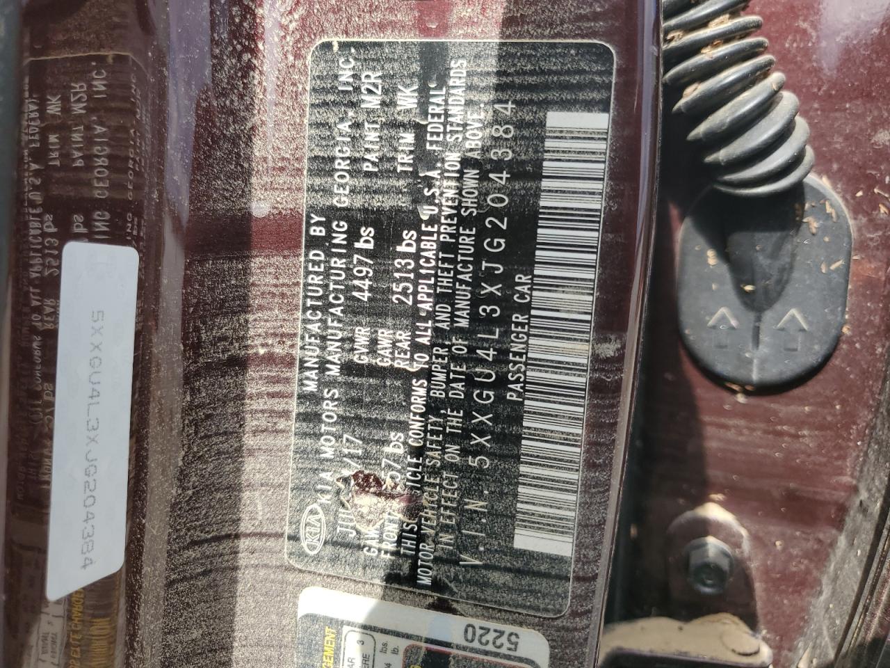 2018 KIA Optima VIN 5XXGU4L3XJG204384 Copart auction photo, water/flood damage thumbnail 13