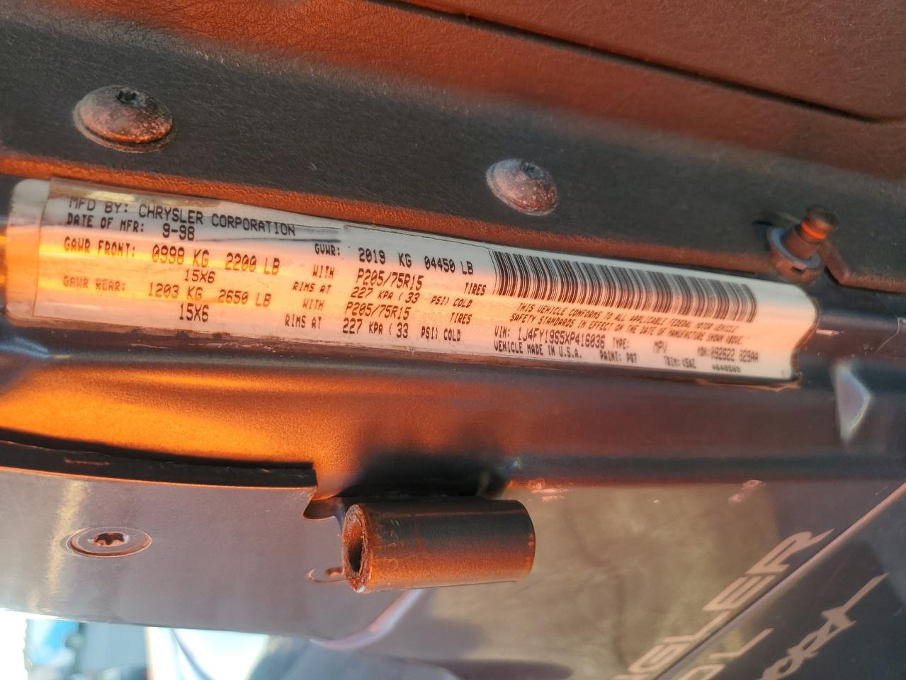 1999 Jeep Wrangler VIN 1J4FY19S5XP416036 Copart auction photo, rollover damage thumbnail 15