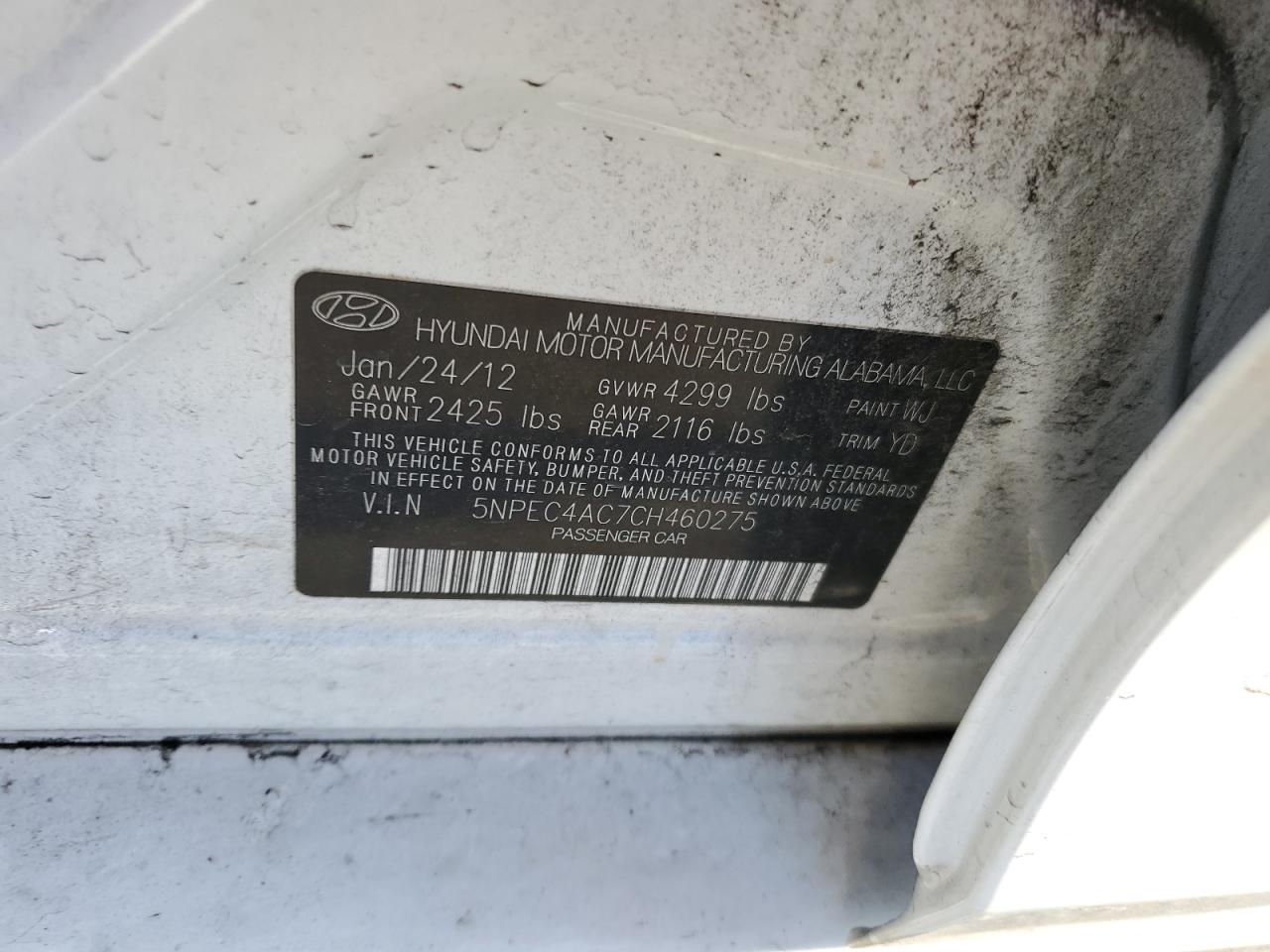 2012 Hyundai Sonata VIN 5NPEC4AC7CH460275 Copart auction photo, minor dent/scratches damage thumbnail 12