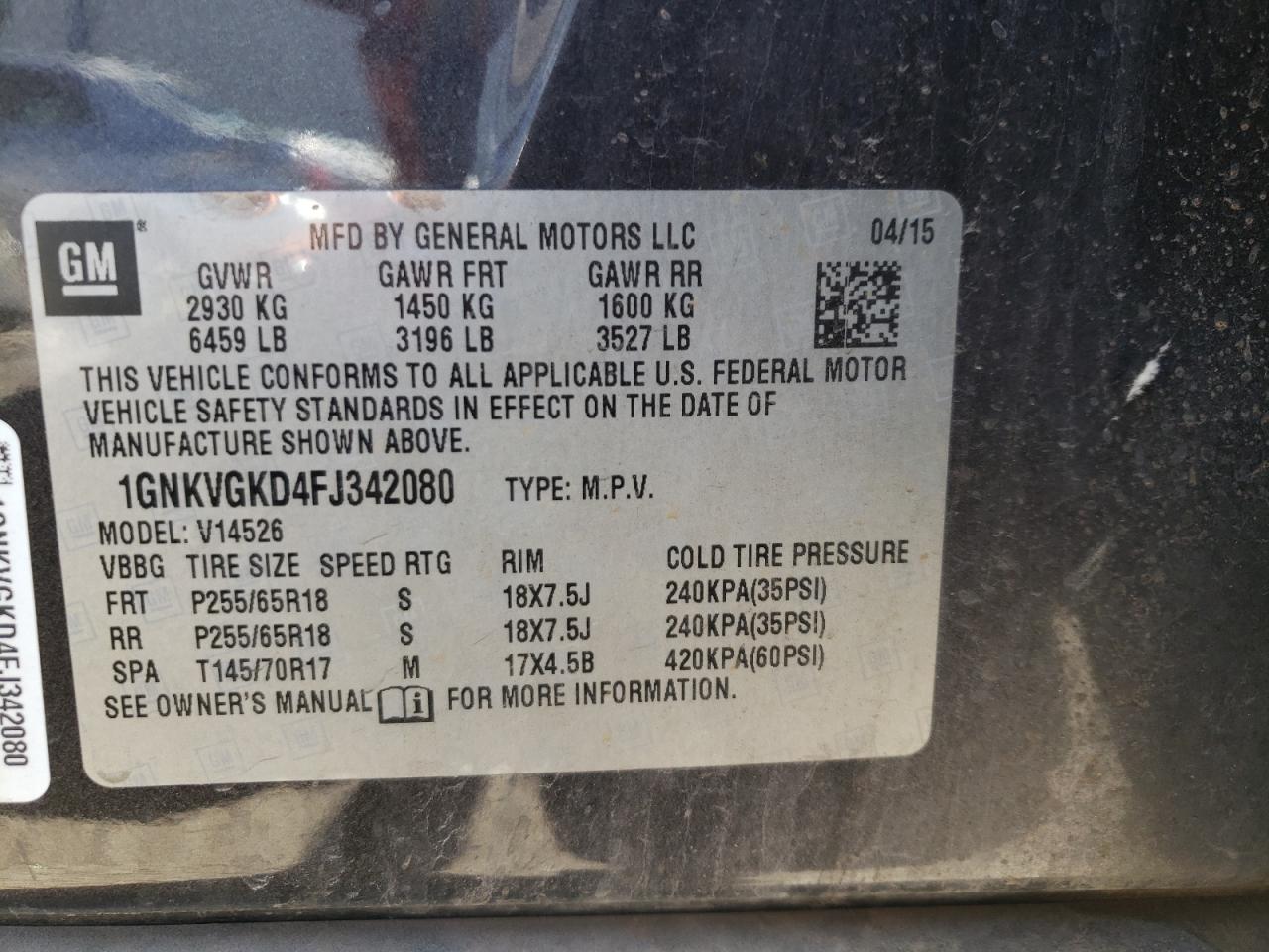 2015 Chevrolet Traverse VIN 1GNKVGKD4FJ342080 Copart auction photo, front end damage thumbnail 13