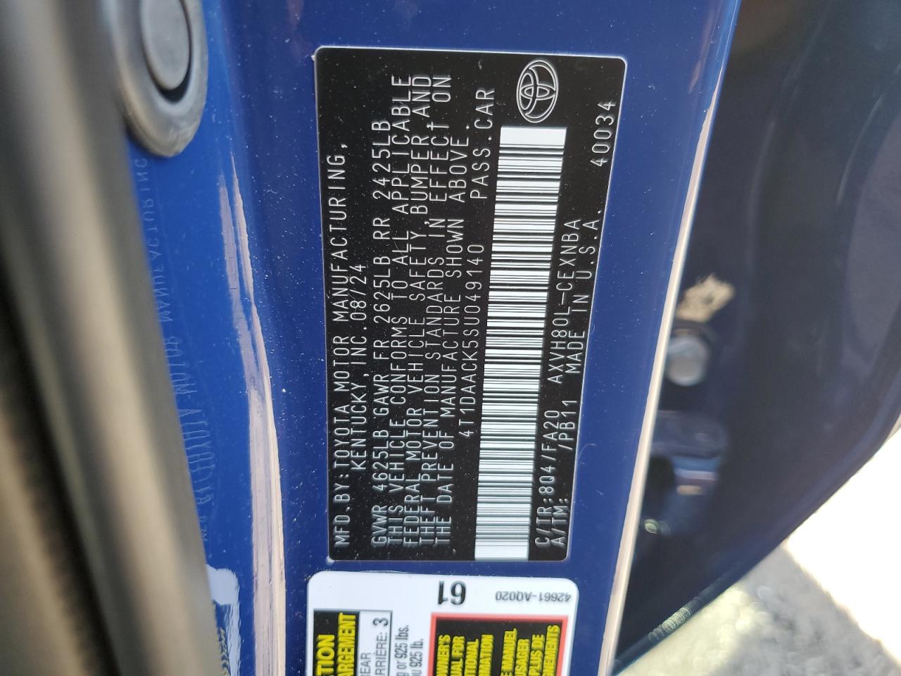 2025 Toyota Camry VIN 4T1DAACK5SU049140 Copart auction photo, front end damage thumbnail 12