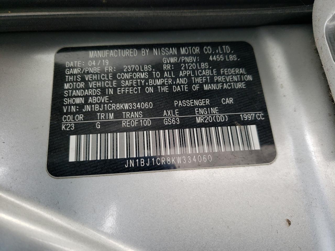 2019 Nissan Rogue VIN JN1BJ1CR8KW334060 Copart auction photo, side damage thumbnail 16