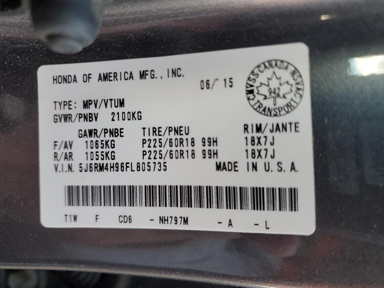 2015 Honda CR-V VIN 5J6RM4H96FL805735 Copart auction photo, hail / minor dent/scratches damage thumbnail 13