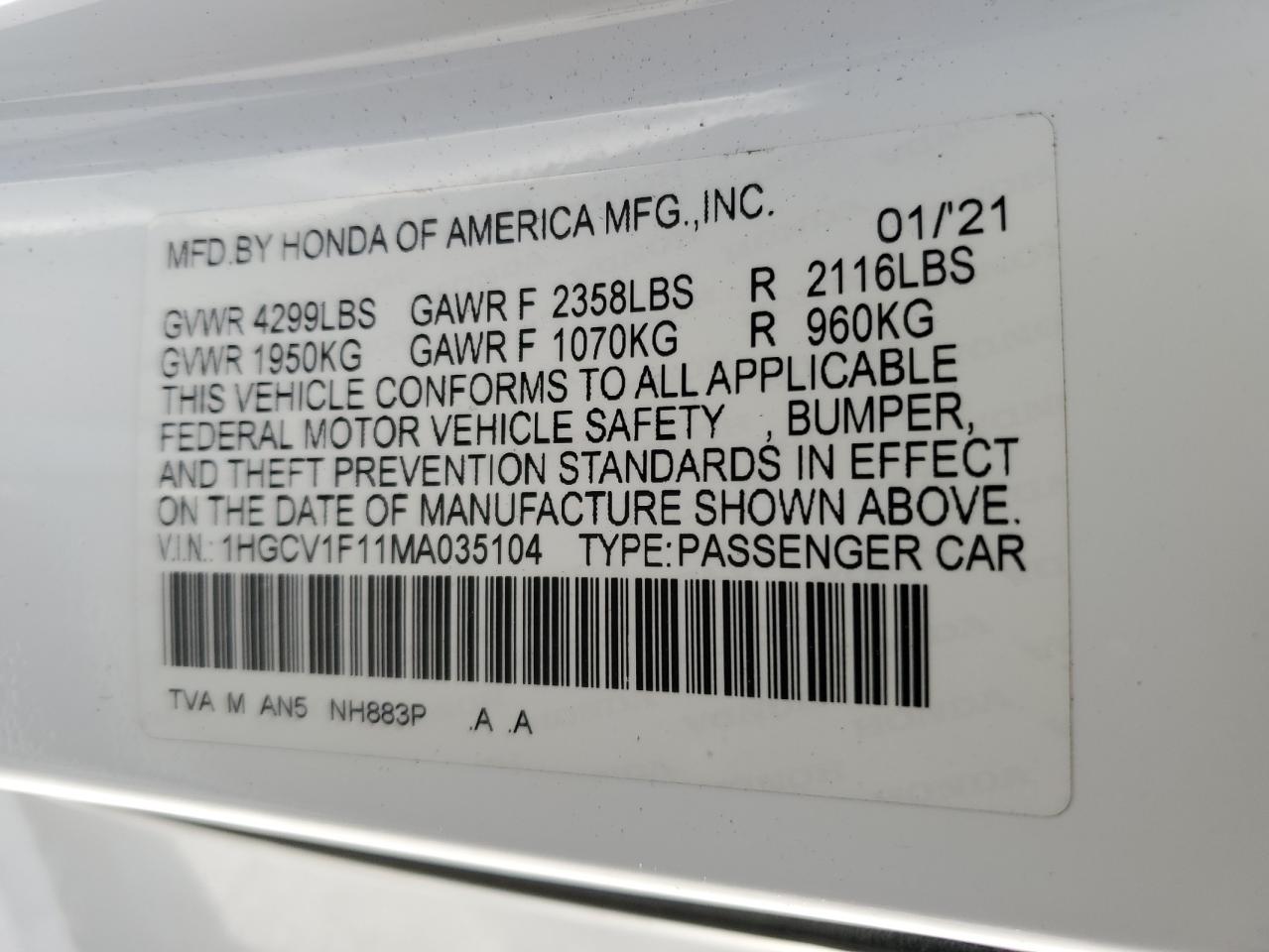 2021 Honda Accord VIN 1HGCV1F11MA035104 Copart auction photo, rear end damage thumbnail 12