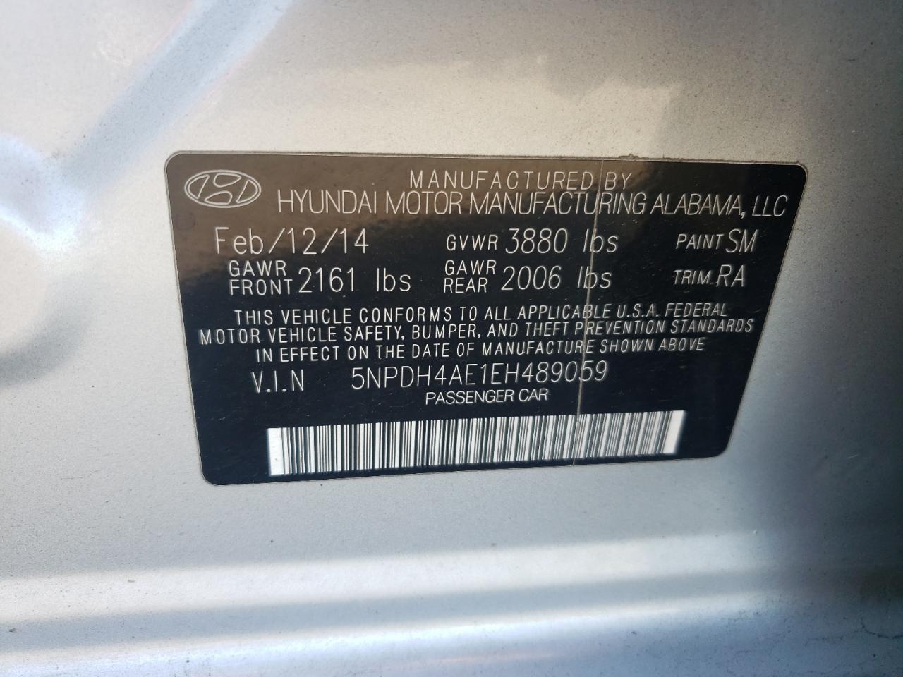 2014 Hyundai Elantra VIN 5NPDH4AE1EH489059 Copart auction photo, vandalism damage thumbnail 12