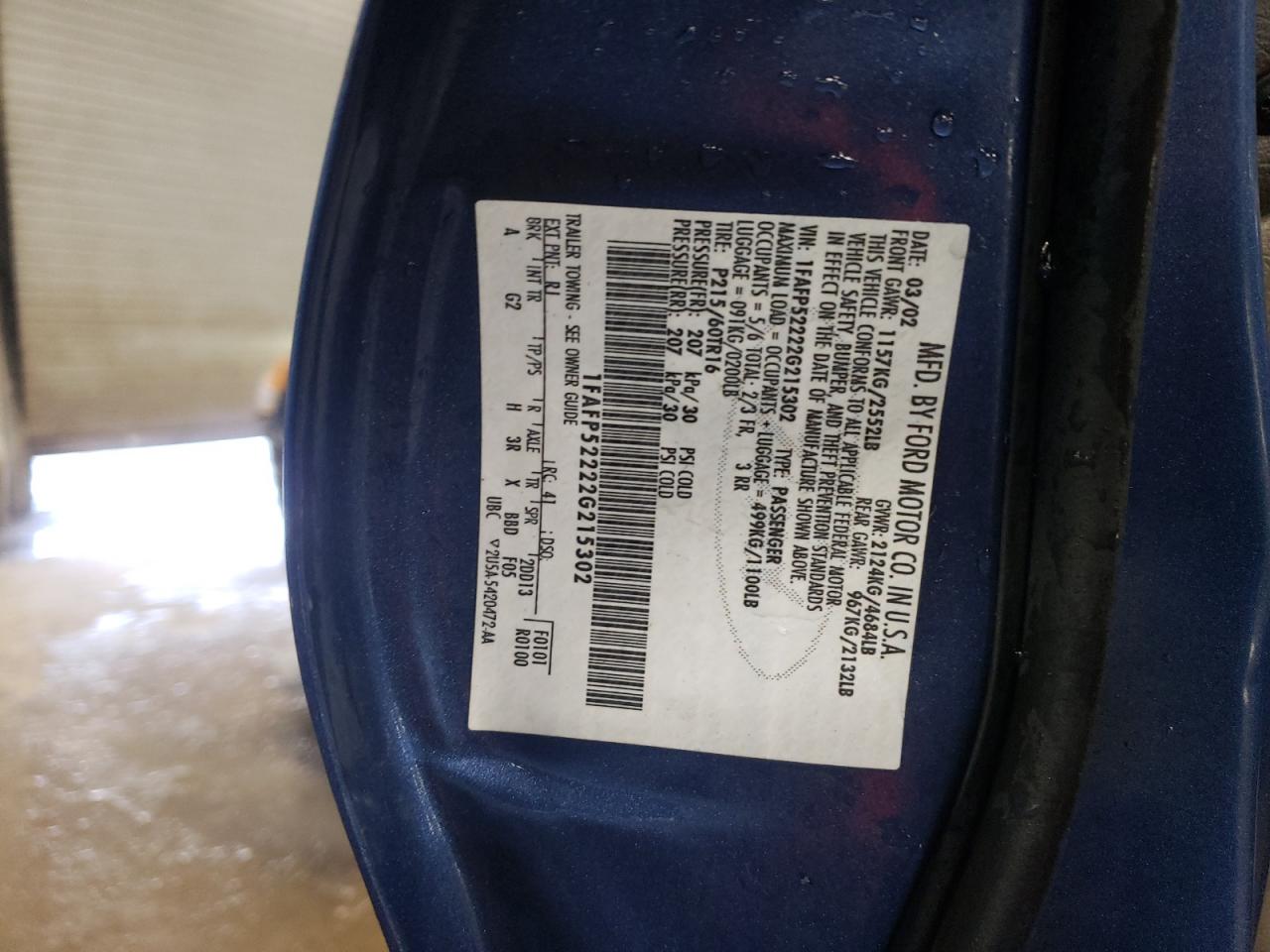 2002 Ford Taurus VIN 1FAFP52222G215302 Copart auction photo, front end damage thumbnail 12