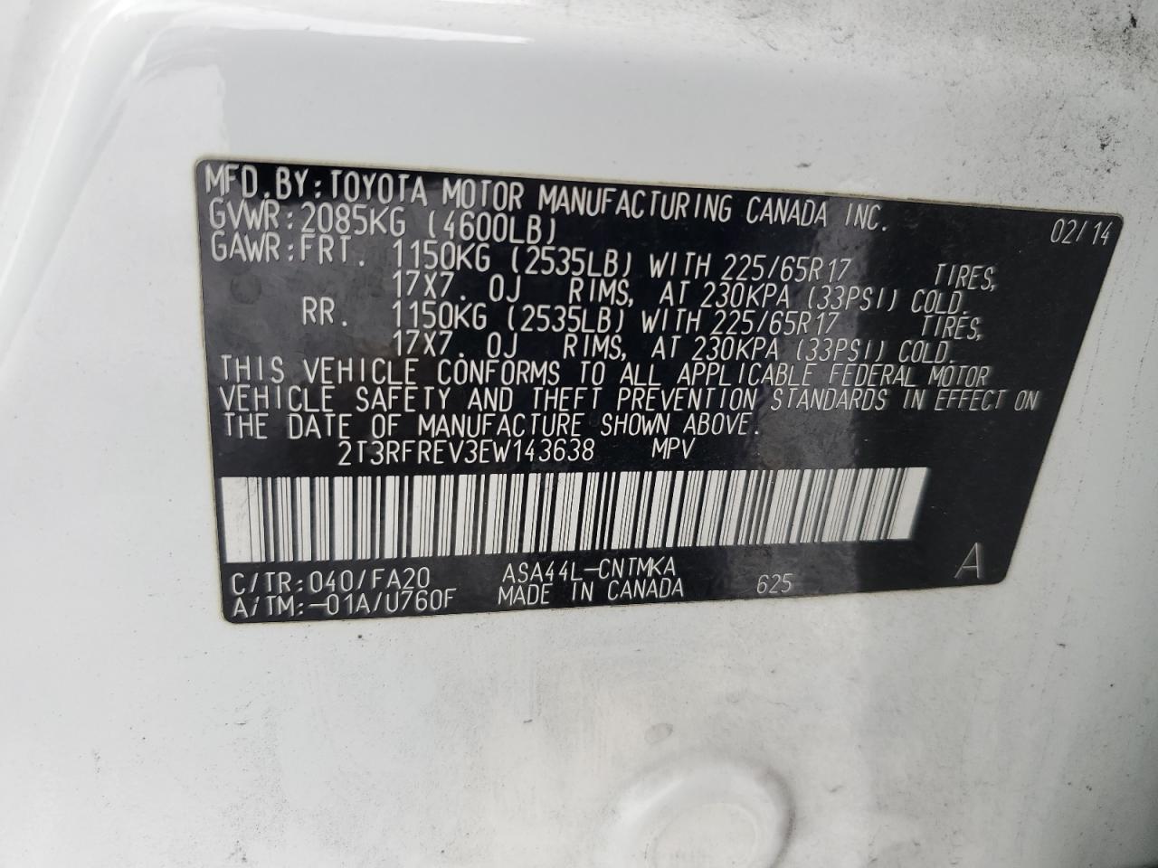 2014 Toyota RAV 4 VIN 2T3RFREV3EW143638 Copart auction photo, rear end damage thumbnail 14
