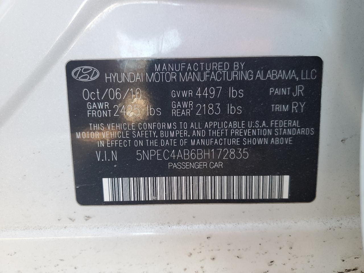 2011 Hyundai Sonata VIN 5NPEC4AB6BH172835 Copart auction photo, front end / minor dent/scratches damage thumbnail 13