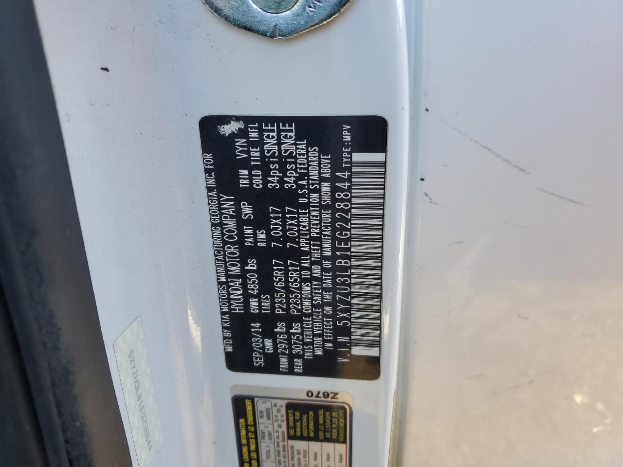 2014 Hyundai Santa Fe VIN 5XYZU3LB1EG228844 Copart auction photo, all over damage thumbnail 15
