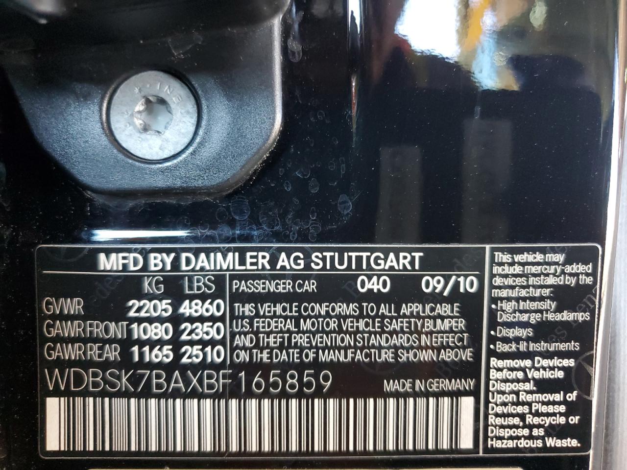 2011 Mercedes-Benz SL-klasse VIN WDBSK7BAXBF165859 Copart auction photo, minor dent/scratches damage thumbnail 12