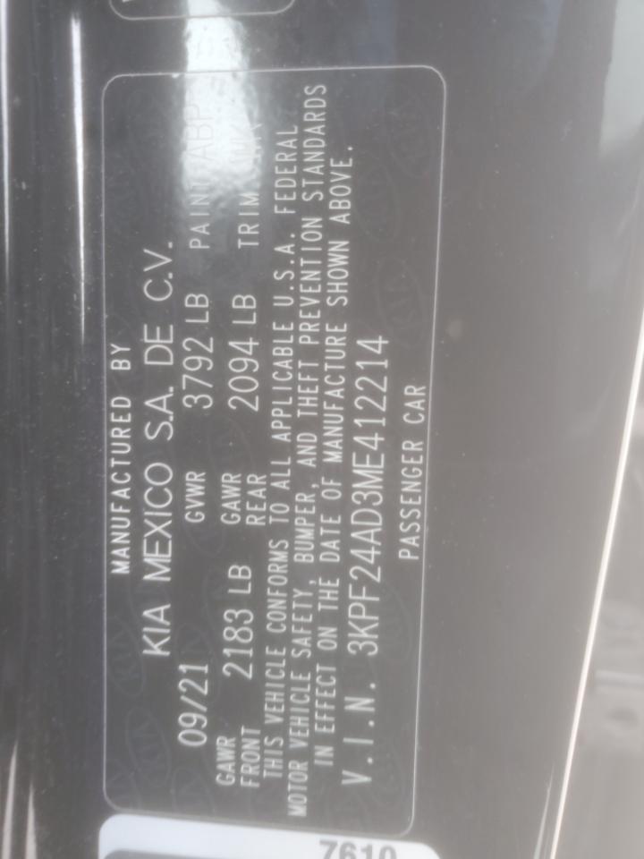 2021 KIA Forte VIN 3KPF24AD3ME412214 Copart auction photo, rear end damage thumbnail 14