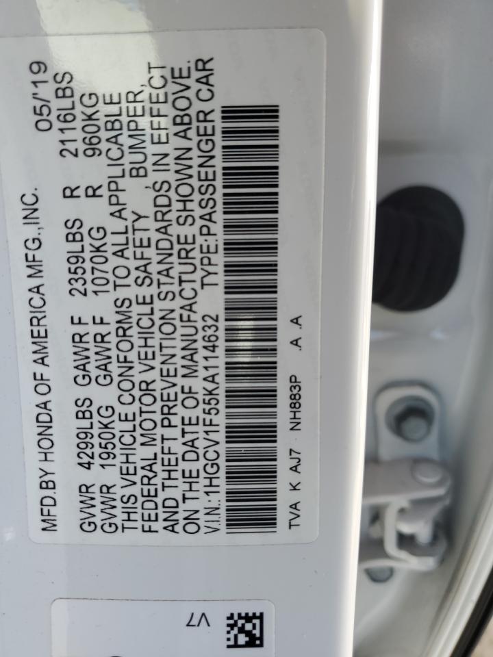 2019 Honda Accord VIN 1HGCV1F55KA114632 Copart auction photo, front end / side damage thumbnail 12