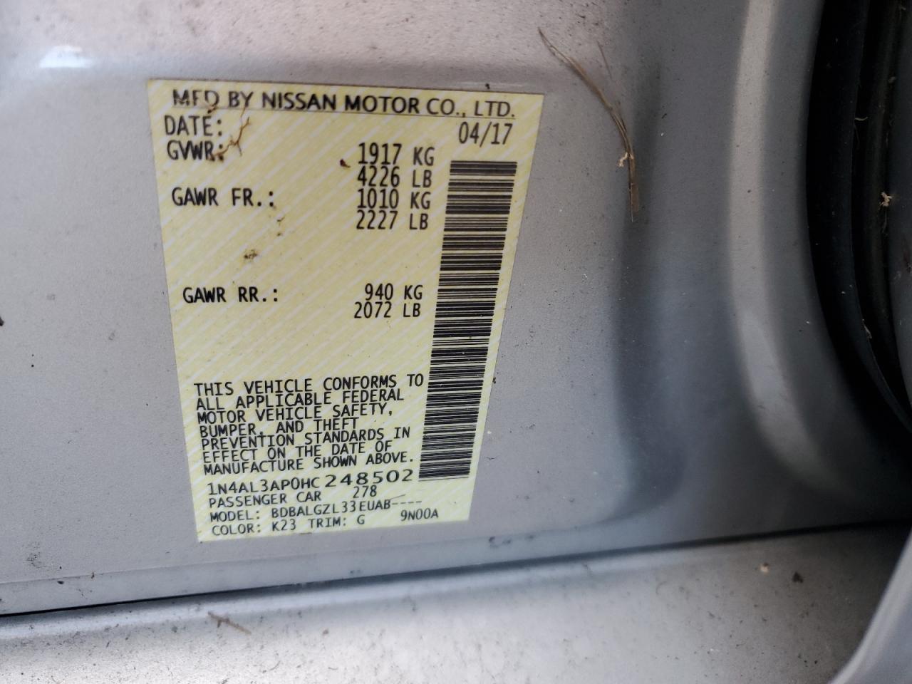 2017 Nissan Altima VIN 1N4AL3AP0HC248502 Copart auction photo, water/flood damage thumbnail 12