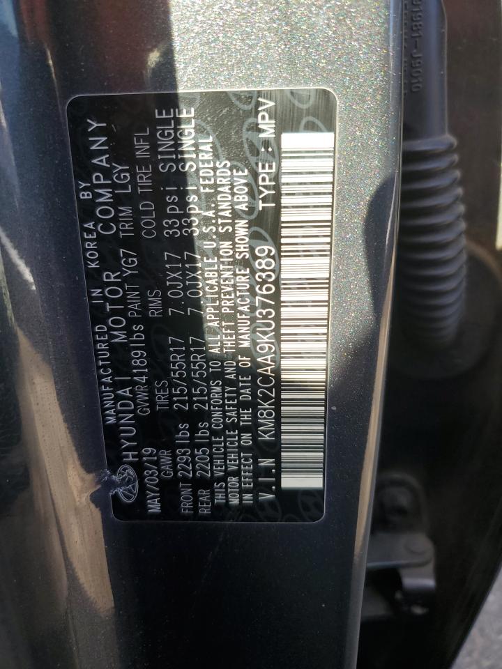 2019 Hyundai Kona VIN KM8K2CAA9KU376389 Copart auction photo, undercarriage damage thumbnail 12