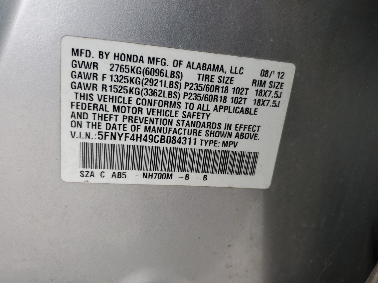 2012 Honda Pilot VIN 5FNYF4H49CB084311 Copart auction photo, hail damage thumbnail 12