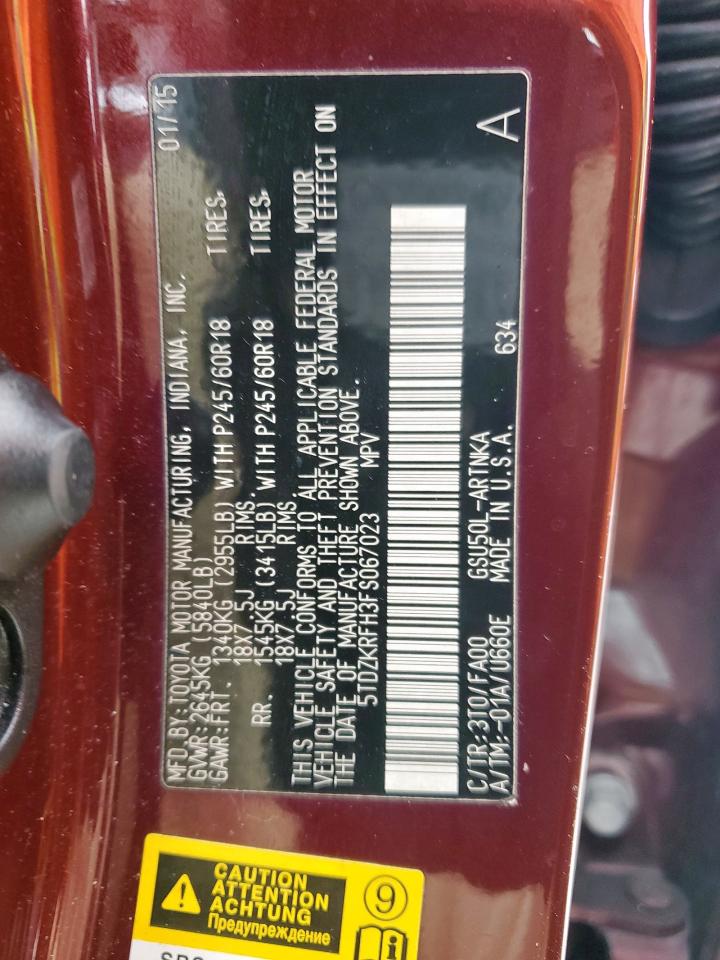 2015 Toyota Highlander VIN 5TDZKRFH3FS067023 Copart auction photo, rear end damage thumbnail 14