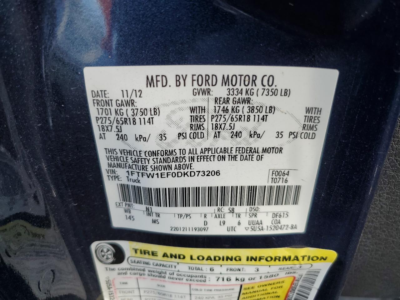 2013 Ford F-150 VIN 1FTFW1EF0DKD73206 Copart auction photo, front end / side damage thumbnail 14