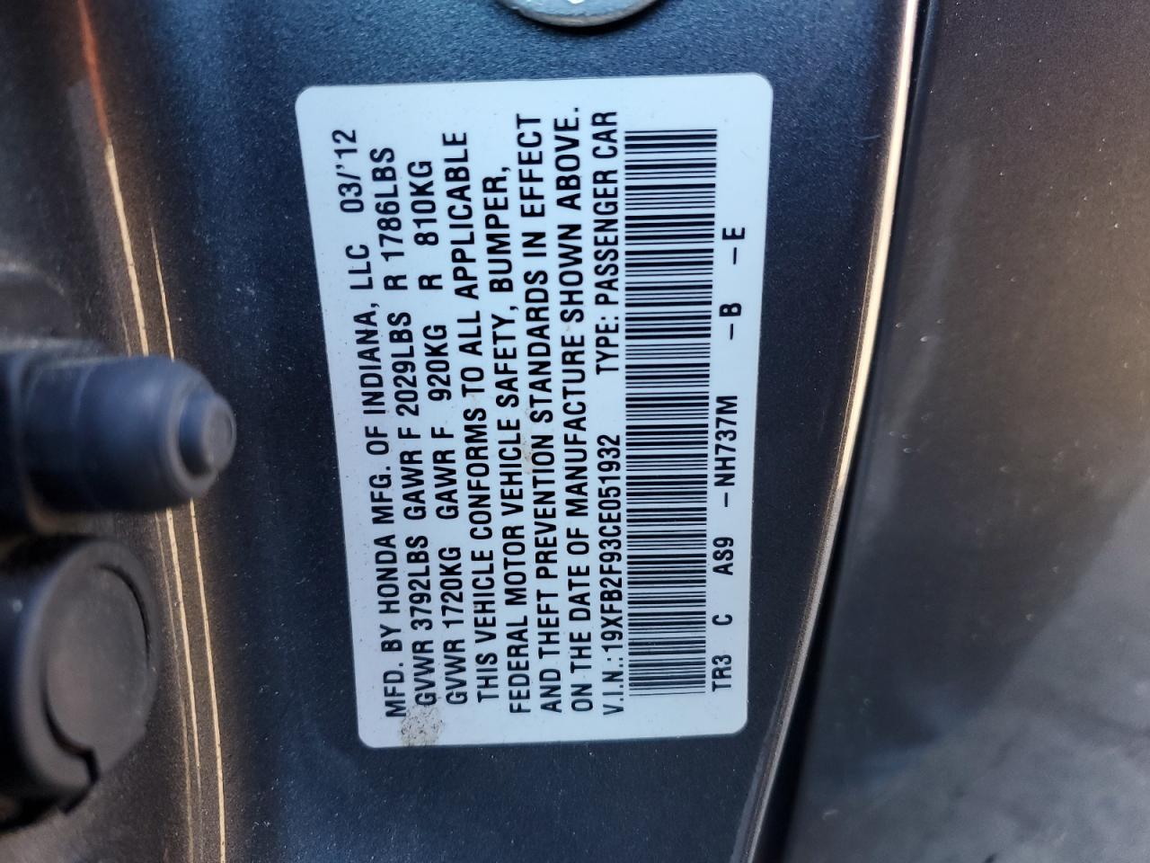 2012 Honda Civic VIN 19XFB2F93CE051932 Copart auction photo, side / all over damage thumbnail 12