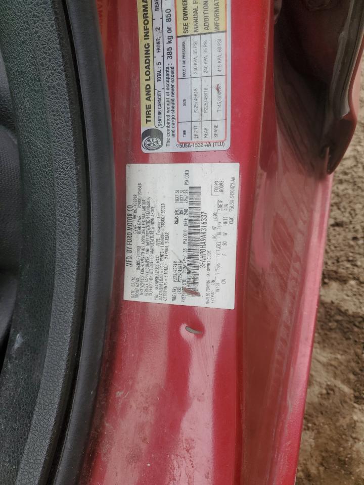 2010 Ford Fusion VIN 3FAHP0HA9AR316337 Copart auction photo, front end / side damage thumbnail 12