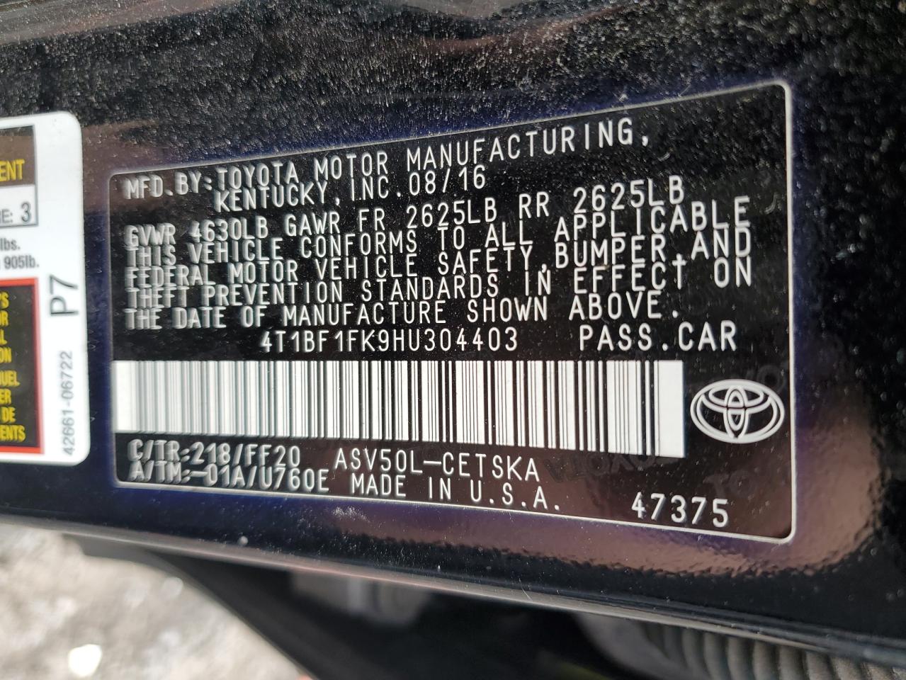 2017 Toyota Camry VIN 4T1BF1FK9HU304403 Copart auction photo, front end damage thumbnail 12