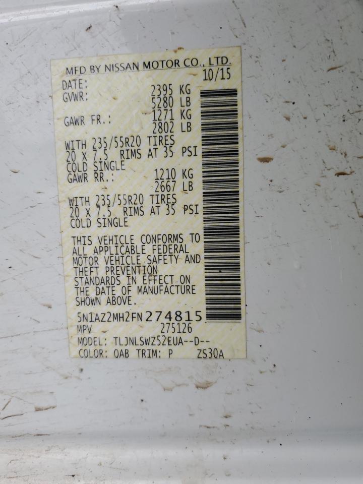 2015 Nissan Murano VIN 5N1AZ2MH2FN274815 Copart auction photo, front end / undercarriage damage thumbnail 15