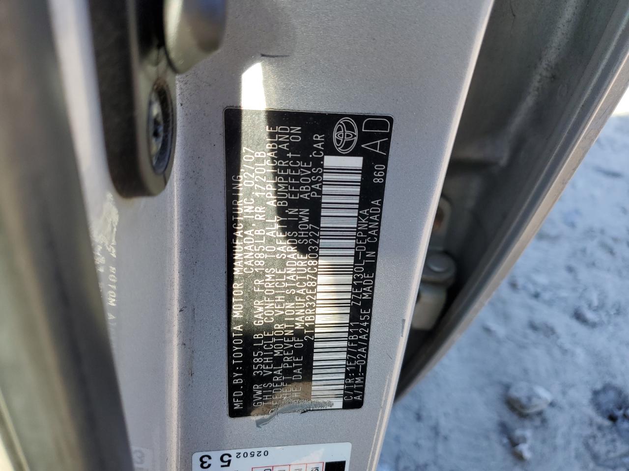2007 Toyota Corolla VIN 2T1BR32E87C803227 Copart auction photo, front end damage thumbnail 12