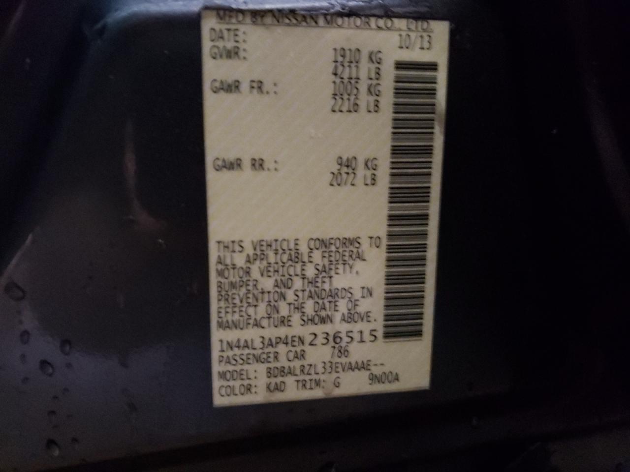 2014 Nissan Altima VIN 1N4AL3AP4EN236515 Copart auction photo, side / front end damage thumbnail 13