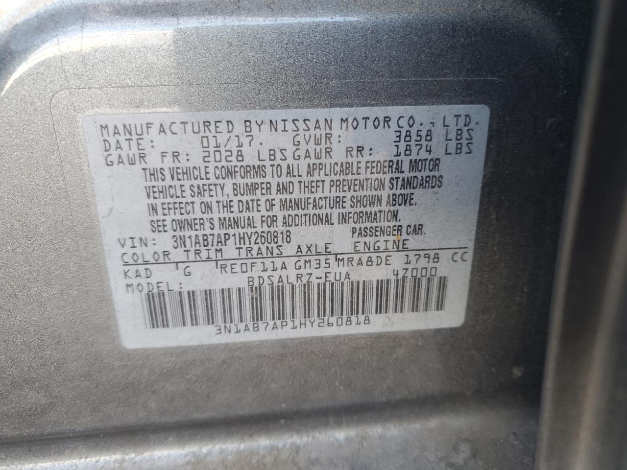 2017 Nissan Sentra VIN 3N1AB7AP1HY260818 Copart auction photo, rear end / side damage thumbnail 12