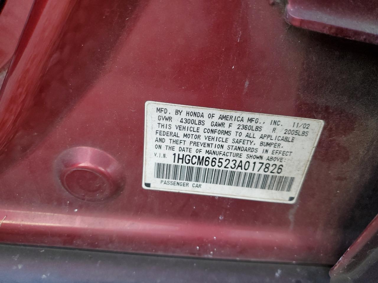 2003 Honda Accord VIN 1HGCM66523A017826 Copart auction photo, front end damage thumbnail 13
