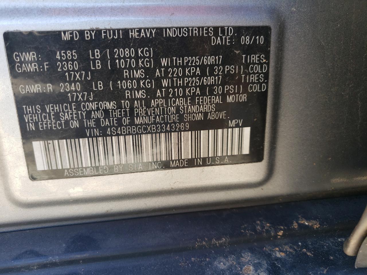 2011 Subaru Outback VIN 4S4BRBGCXB3343289 Copart auction photo, front end / mechanical damage thumbnail 13