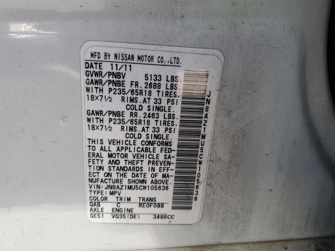 2012 Nissan Murano VIN JN8AZ1MU5CW105636 Copart auction photo, front end damage thumbnail 12