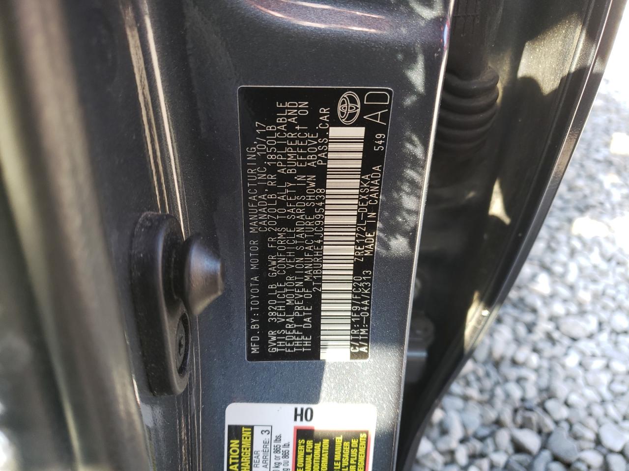 2018 Toyota Corolla VIN 2T1BURHE4JC995438 Copart auction photo, front end damage thumbnail 12
