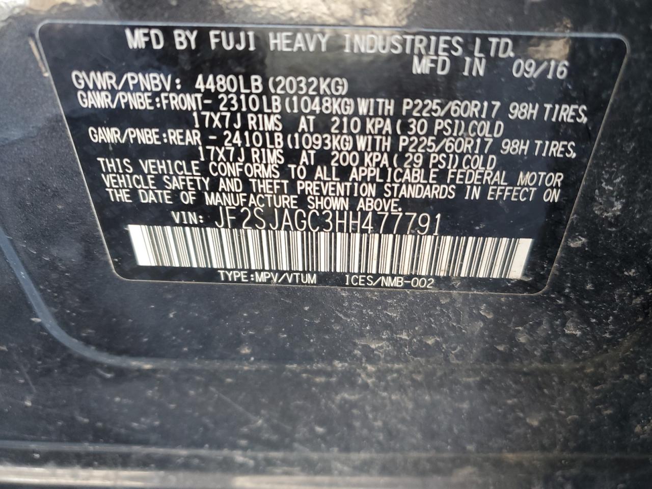 2017 Subaru Forester VIN JF2SJAGC3HH477791 Copart auction photo, front end / side damage thumbnail 13