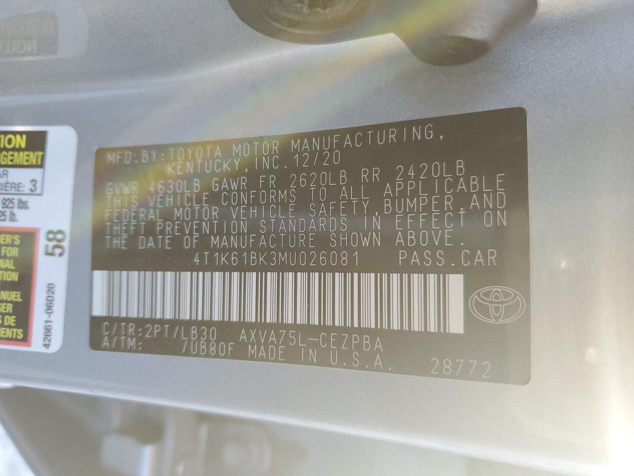 2021 Toyota Camry VIN 4T1K61BK3MU026081 Copart auction photo, rear end / minor dent/scratches damage thumbnail 13