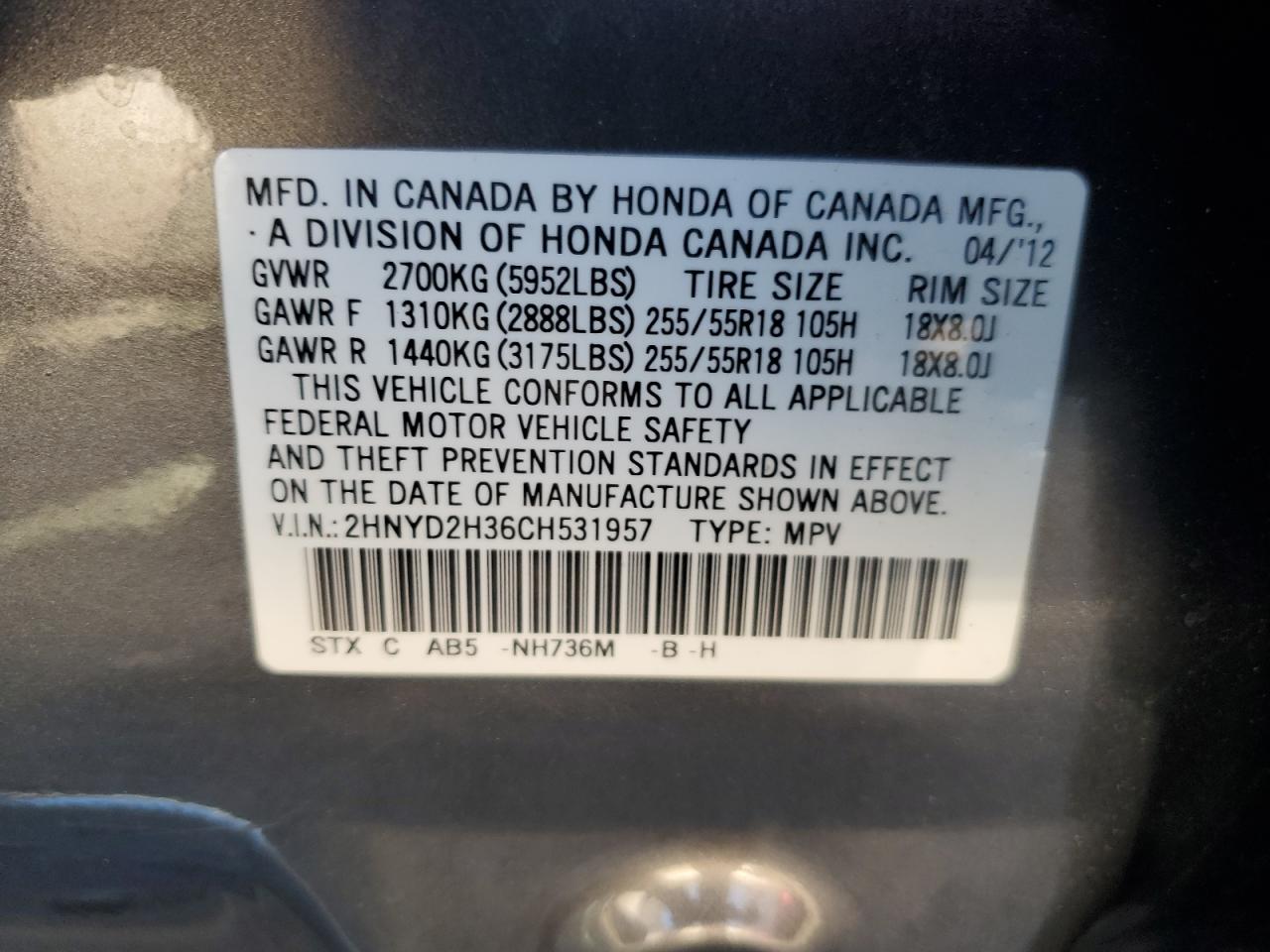 2012 Acura MDX VIN 2HNYD2H36CH531957 Copart auction photo, front end / rear end damage thumbnail 13