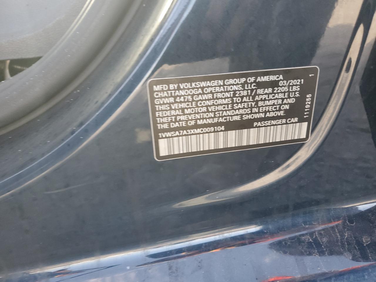 2021 Volkswagen Passat VIN 1VWSA7A3XMC009104 Copart auction photo, burn - engine / front end damage thumbnail 13