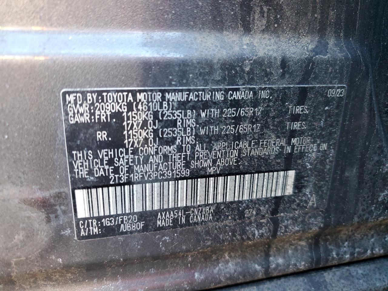 2023 Toyota RAV 4 VIN 2T3F1RFV3PC391599 Copart auction photo, front end / side damage thumbnail 13