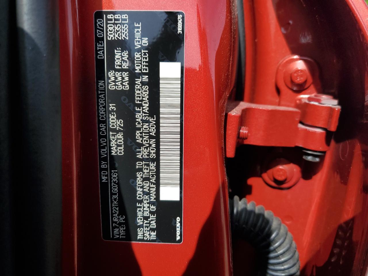 2020 Volvo S60 VIN 7JRA22TK3LG073061 Copart auction photo, burn / front end damage thumbnail 12