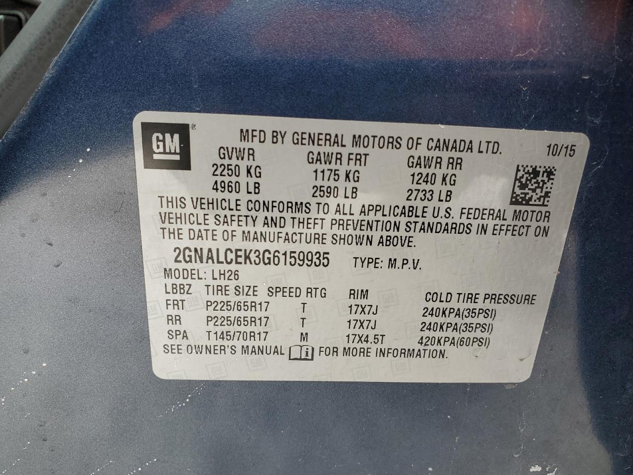 2016 Chevrolet Equinox VIN 2GNALCEK3G6159935 Copart auction photo, front end / side damage thumbnail 13