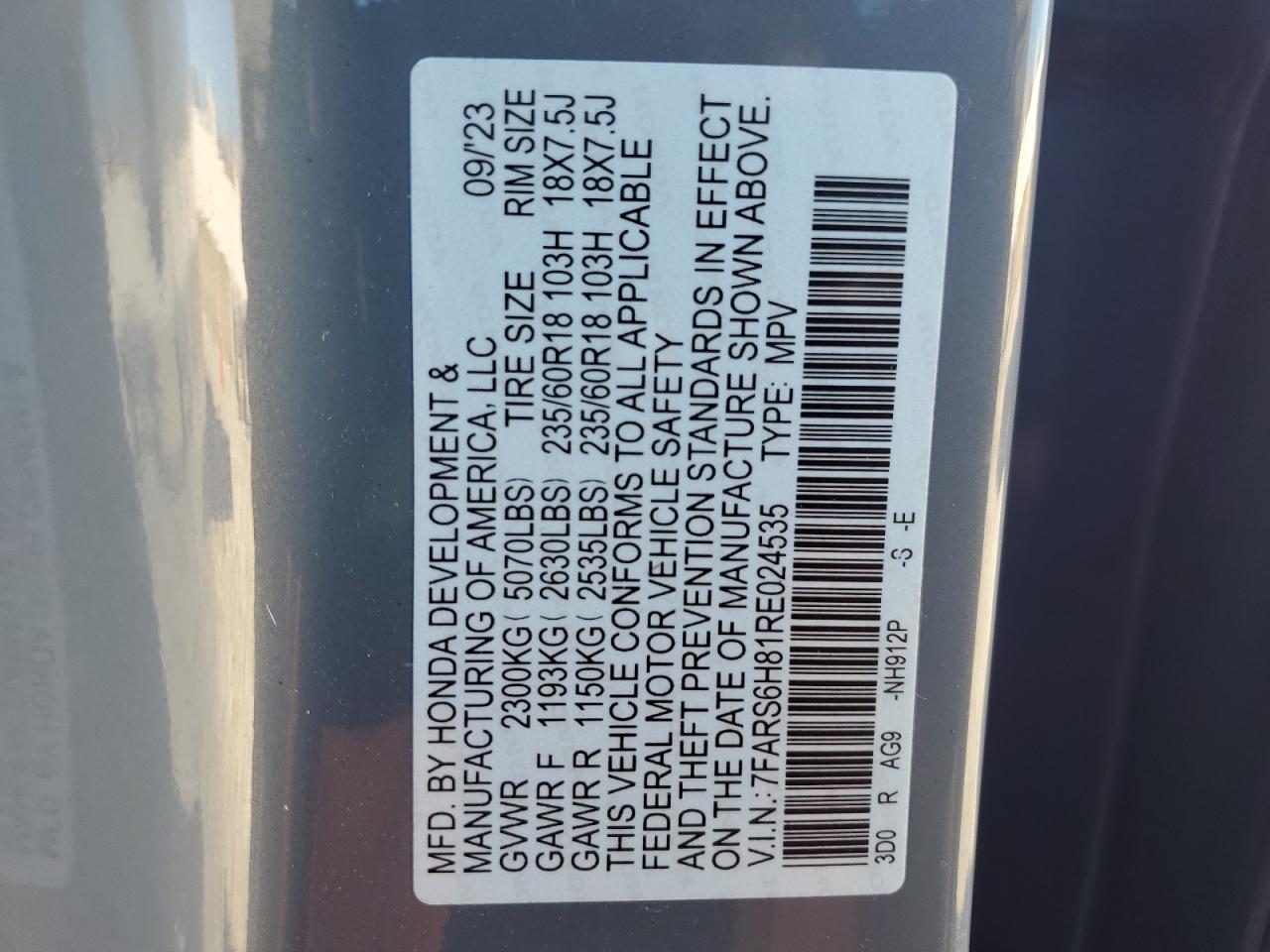 2024 Honda CR-V VIN 7FARS6H81RE024535 Copart auction photo, front end damage thumbnail 14