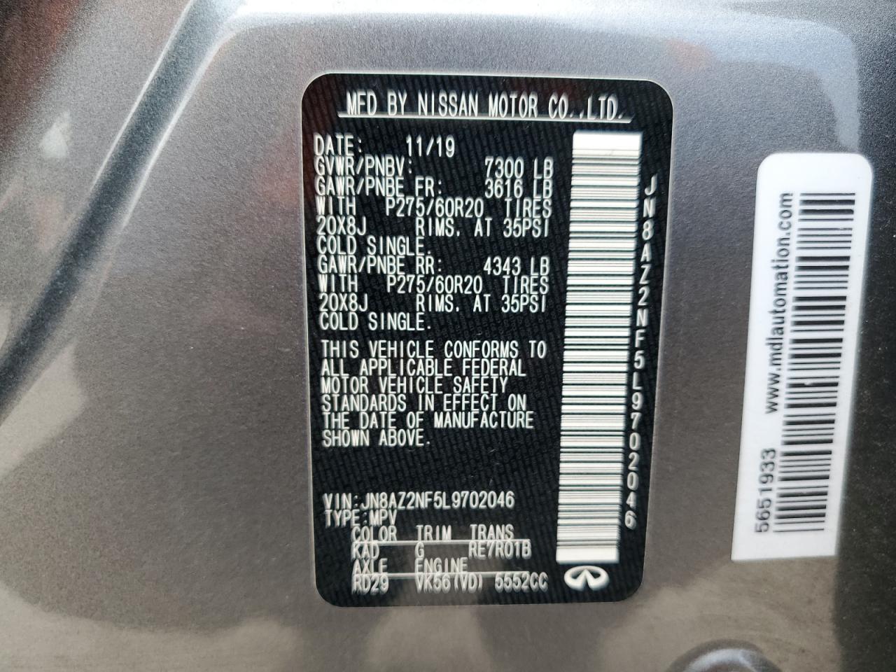 2020 Infiniti QX80 VIN JN8AZ2NF5L9702046 Copart auction photo, front end / side damage thumbnail 14