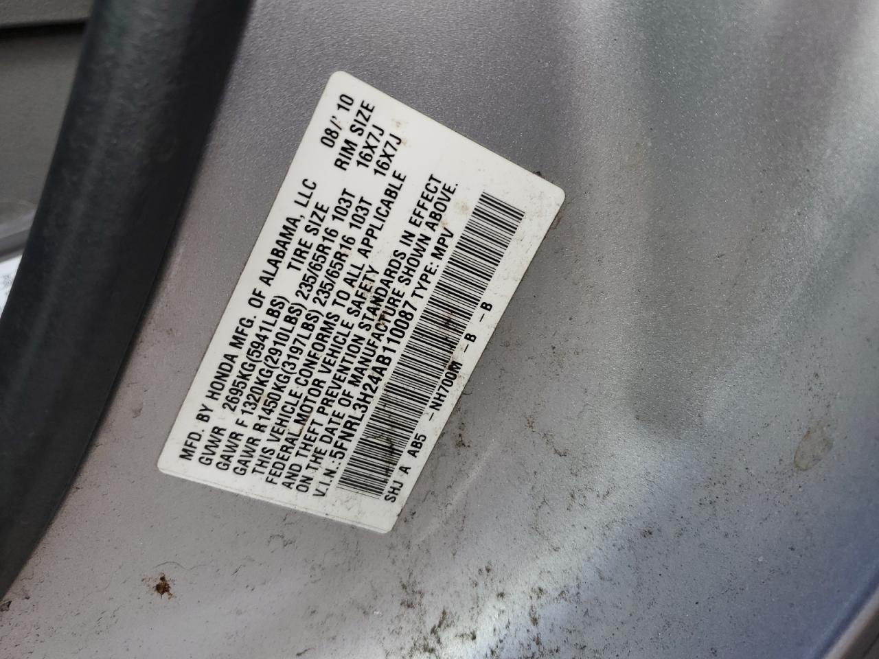 2010 Honda Odyssey VIN 5FNRL3H24AB110087 Copart auction photo, front end damage thumbnail 14