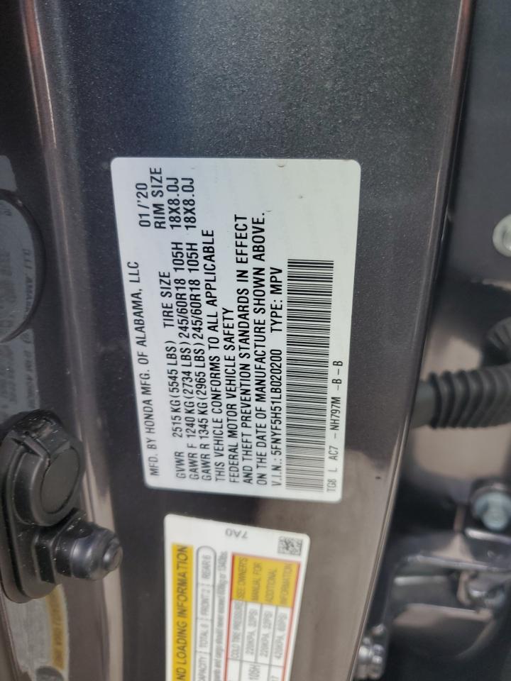 2020 Honda Pilot VIN 5FNYF5H51LB020200 Copart auction photo, front end / minor dent/scratches damage thumbnail 13